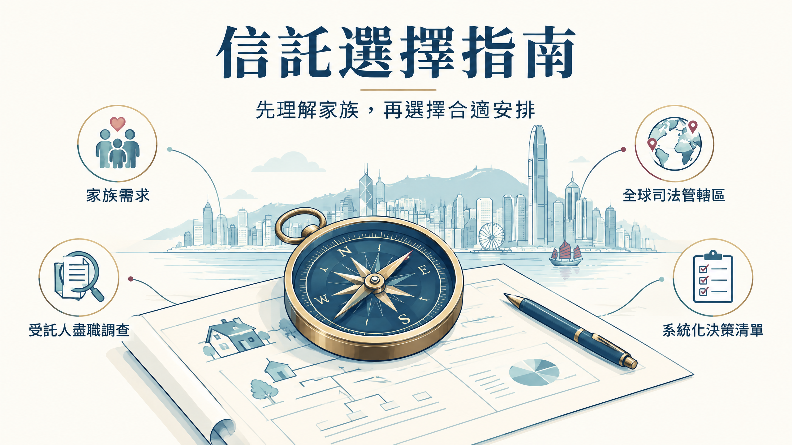 香港家族信託選擇指南封面：羅盤、香港城市線條、家族需要、受託人盡職調查、跨境司法管轄區與決策清單